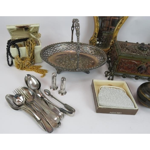 82 - A mixed lot of collectables including postcards, jewellery, silver plate, trinket box, mirror, etc, ... 