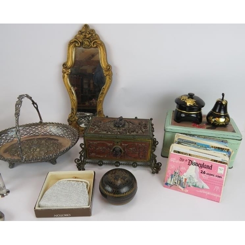 82 - A mixed lot of collectables including postcards, jewellery, silver plate, trinket box, mirror, etc, ... 