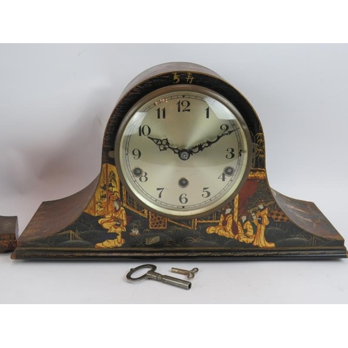 91 - An early 20th century German Napoleon mantel clock with chiming movement & chinoiserie decoration pl... 