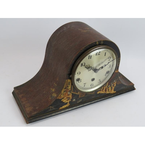 91 - An early 20th century German Napoleon mantel clock with chiming movement & chinoiserie decoration pl... 