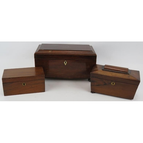 97 - A 19th century rosewood tea caddy with boxwood stringing, a small rosewood sarcophagus tea caddy and... 