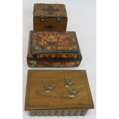 98 - Eight mixed wooden boxes including an inlaid desk inkstand, a small tea caddy and a metal bound mone... 