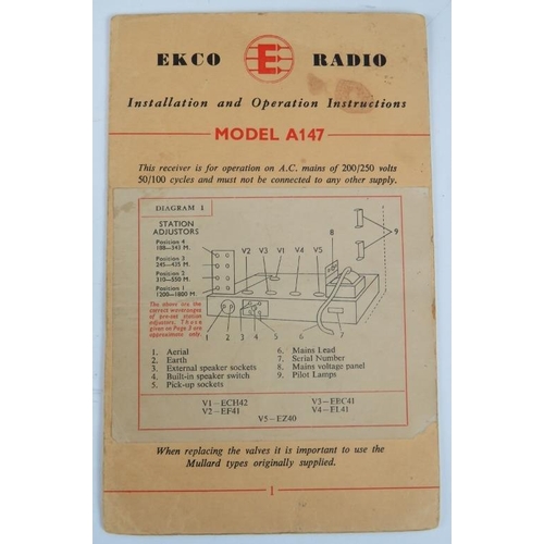 99 - An early 1950s Ecko radio model A147 with original manual.
Condition report: Un-tested. No lead.