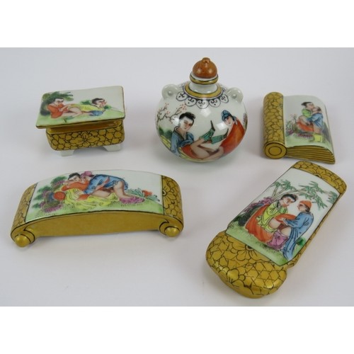 287 - Five highly decorative pieces of Chinese Famille rose erotic porcelain, 20th Century, comprising a S... 