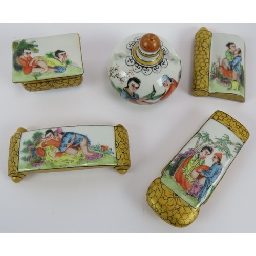 287 - Five highly decorative pieces of Chinese Famille rose erotic porcelain, 20th Century, comprising a S... 