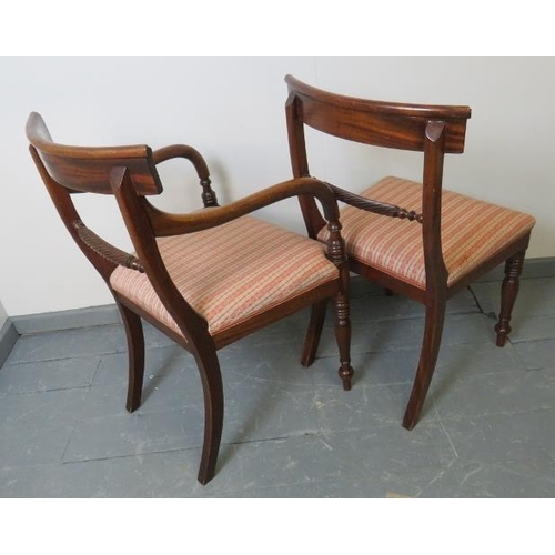 728 - Seven (5+2) George III mahogany dining chairs, with scrolled backrests and rope twist stretcher, uph... 