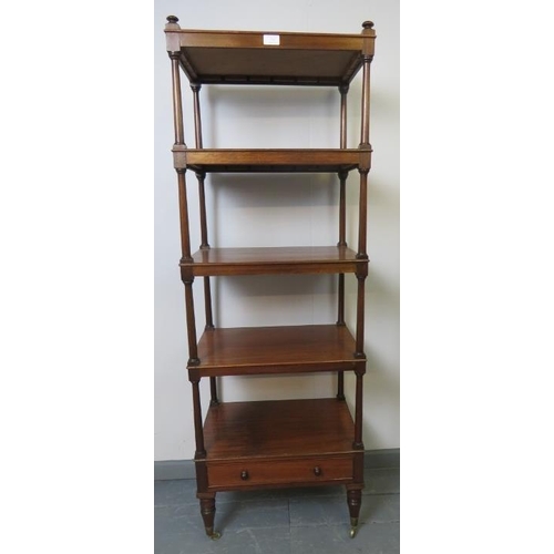 755 - A Victorian mahogany 5 tier whatnot with single base drawer, on tapering turned supports with brass ... 