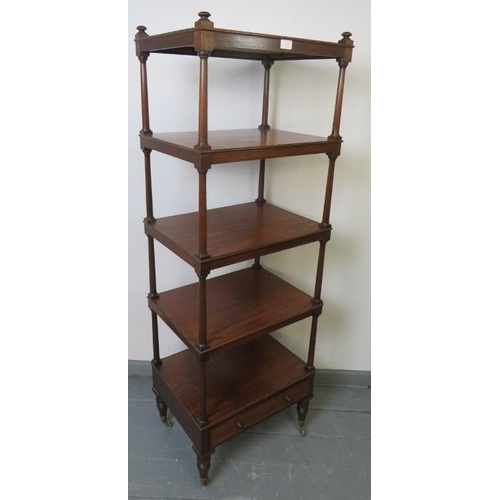 755 - A Victorian mahogany 5 tier whatnot with single base drawer, on tapering turned supports with brass ... 