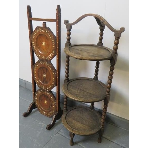 756 - Two antique cake stands: one mahogany with bone inlay in the Moorish taste, the other in oak with ba... 