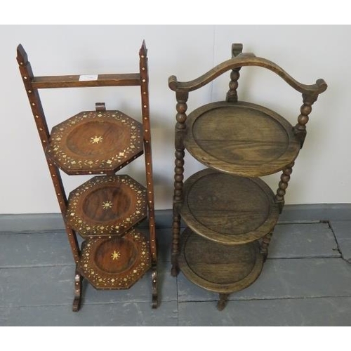 756 - Two antique cake stands: one mahogany with bone inlay in the Moorish taste, the other in oak with ba... 