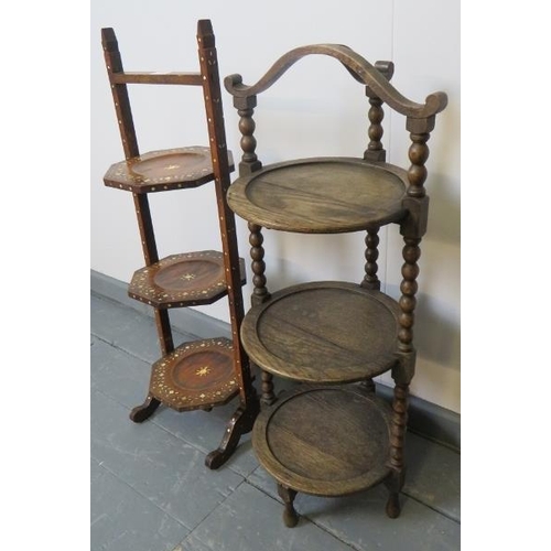 756 - Two antique cake stands: one mahogany with bone inlay in the Moorish taste, the other in oak with ba... 