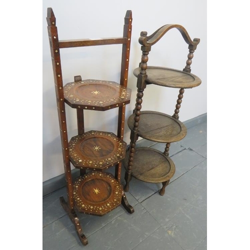 756 - Two antique cake stands: one mahogany with bone inlay in the Moorish taste, the other in oak with ba... 