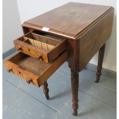 759 - An early Victorian mahogany drop leaf work table, with two short drawers to one side and two dummy d... 