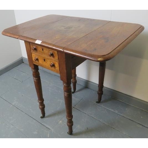 759 - An early Victorian mahogany drop leaf work table, with two short drawers to one side and two dummy d... 