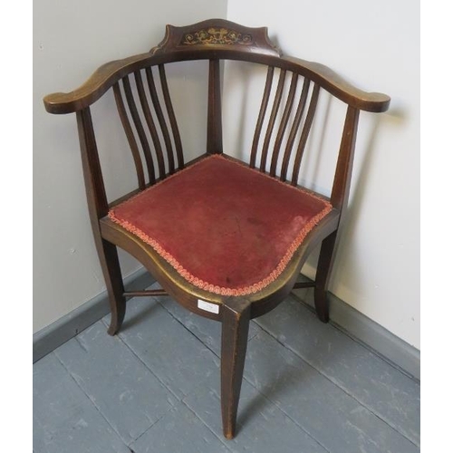 770 - A pair of Edwardian mahogany corner chairs, with marquetry inlay and strung with satinwood, upholste... 