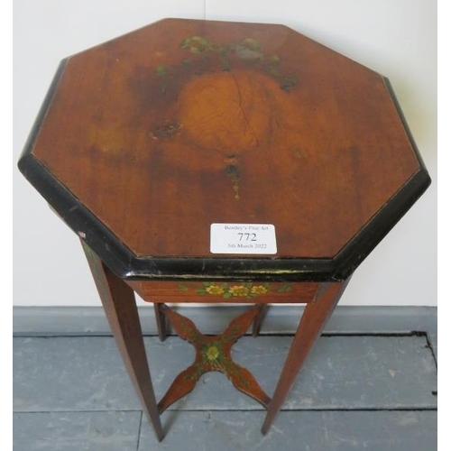 772 - A small Edwardian mahogany octagonal table, inlaid and with hand-painted decoration depicting foliat... 