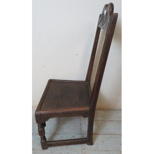 783 - An early 18th Century oak back stool, on turned and block supports with turned stretcher. 
Condition... 