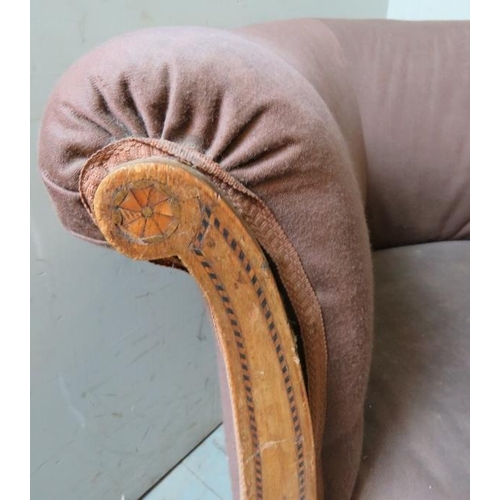 799 - An Edwardian mahogany parquetry inlaid tub chair, raised on tapered square supports with spade feet.... 