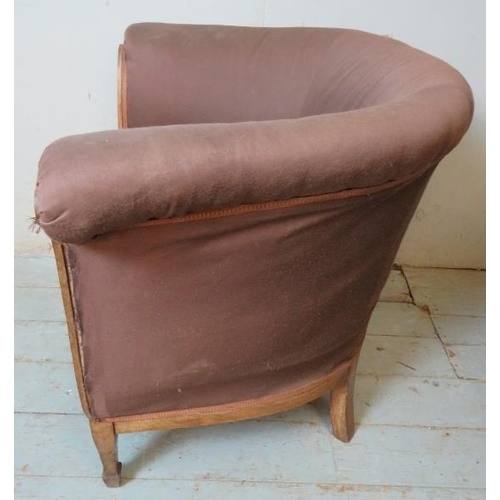 799 - An Edwardian mahogany parquetry inlaid tub chair, raised on tapered square supports with spade feet.... 