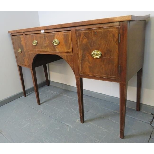 813 - A George III mahogany bow fronted sideboard with central cutlery drawer flanked by cupboards, featur... 