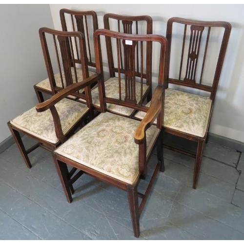 818 - Five (4+1) Edwardian mahogany dining chairs strung with satinwood, with tapestry seats, on tapering ... 