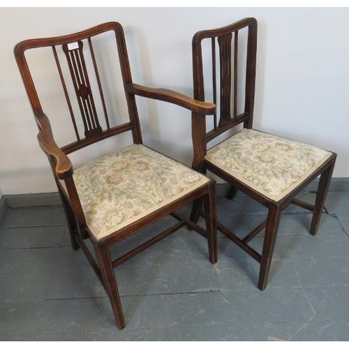 818 - Five (4+1) Edwardian mahogany dining chairs strung with satinwood, with tapestry seats, on tapering ... 