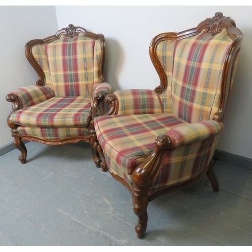 821 - A pair of Victorian style show-wood armchairs with scrolled arms, upholstered in a tartan material, ... 