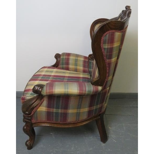 821 - A pair of Victorian style show-wood armchairs with scrolled arms, upholstered in a tartan material, ... 