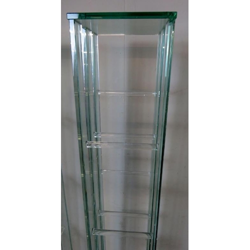 836 - A pair of contemporary glass shelving units by Greenapple furniture company, each housing six shelve... 