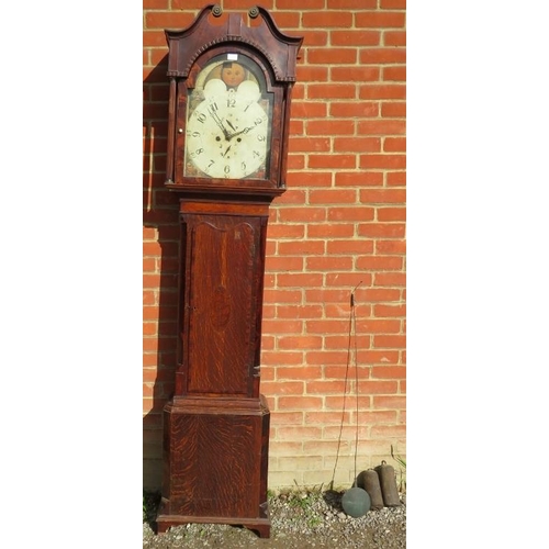 842 - A 19th century oak 8 day striking longcase clock, the painted arched dial with moon phase and subsid... 