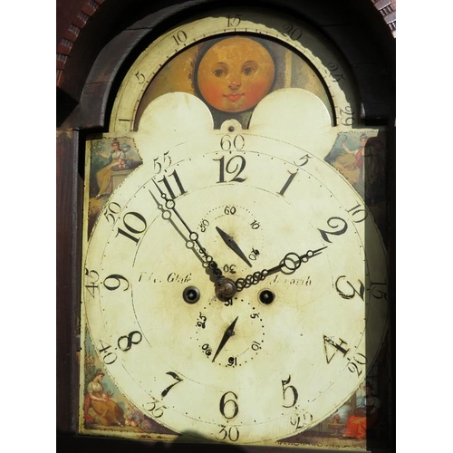 842 - A 19th century oak 8 day striking longcase clock, the painted arched dial with moon phase and subsid... 