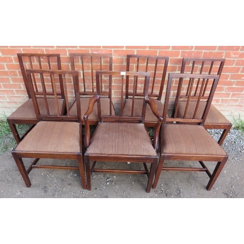 844 - Seven (6+1) Georgian oak dining chairs, with reeded spindles and drop in seat pads, on tapering squa... 