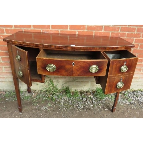 845 - A Georgian flame mahogany bow fronted sideboard of small proportions, strung with satinwood and ebon... 