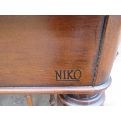 847 - A good quality reproduction cherrywood draw leaf dining table by Niko, raised on tapering turned sup... 