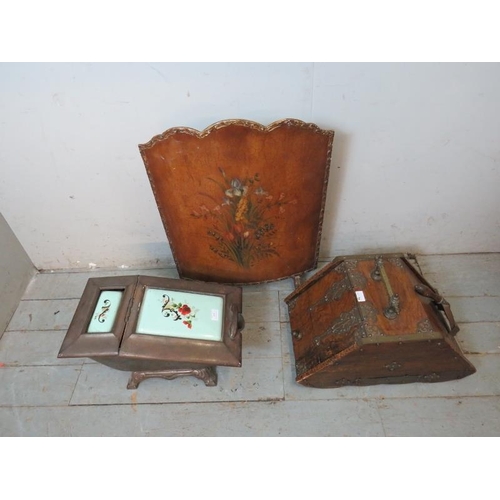 849 - A 19th century burr walnut brass mounted coal scuttle with scoop, together with a vintage leather fi... 