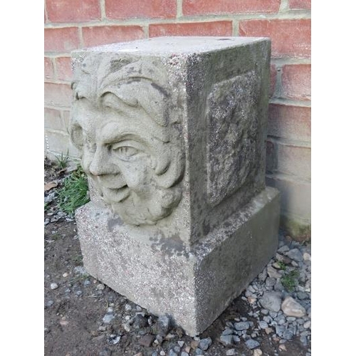 866 - A nicely weathered reconstituted stone garden pedestal with green man mask decoration.
Condition rep... 