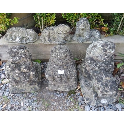 867 - A menagerie of six nicely weathered garden ornaments in the form of three anthropomorphic hedgehogs ... 