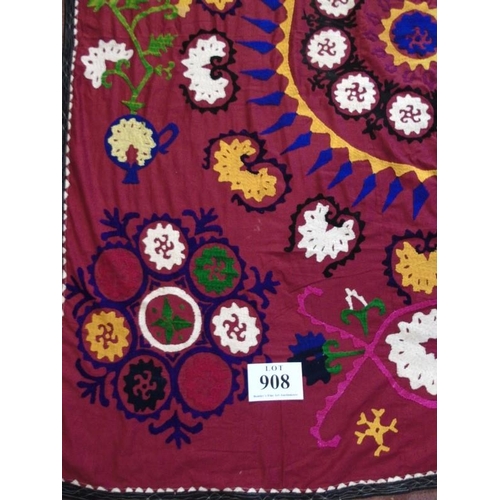 908 - Uzbek Suzani embroidered and decorative tribal textile. Made in central Asian countries, Suzani is f... 