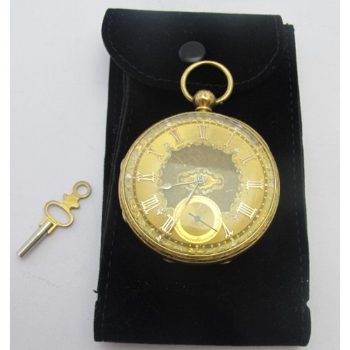 386 - An 18ct yellow gold open face fusee pocket watch, key wound, three colour gold dial with gold spade ... 