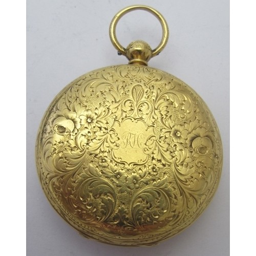 386 - An 18ct yellow gold open face fusee pocket watch, key wound, three colour gold dial with gold spade ... 