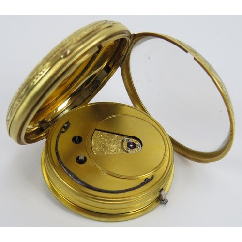 386 - An 18ct yellow gold open face fusee pocket watch, key wound, three colour gold dial with gold spade ... 