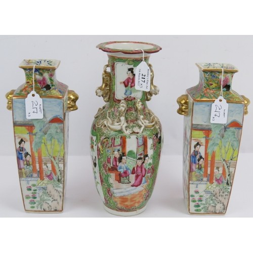 217 - A pair of antique Chinese Famille Rose square vases plus a similar vase with applied dragon decorati... 