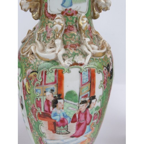 217 - A pair of antique Chinese Famille Rose square vases plus a similar vase with applied dragon decorati... 