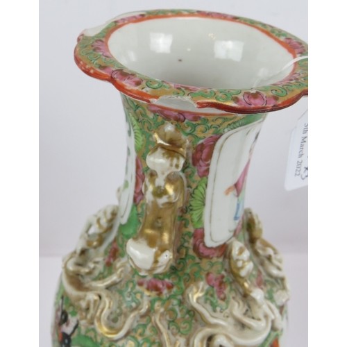 217 - A pair of antique Chinese Famille Rose square vases plus a similar vase with applied dragon decorati... 