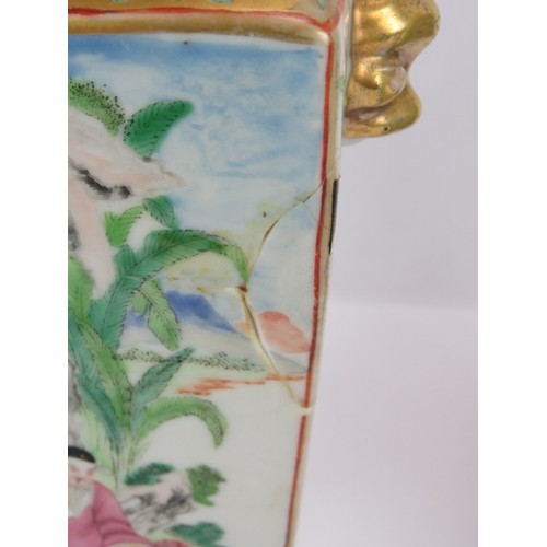 217 - A pair of antique Chinese Famille Rose square vases plus a similar vase with applied dragon decorati... 