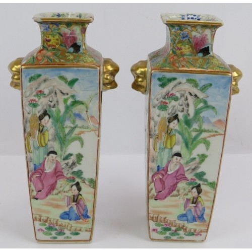 217 - A pair of antique Chinese Famille Rose square vases plus a similar vase with applied dragon decorati... 