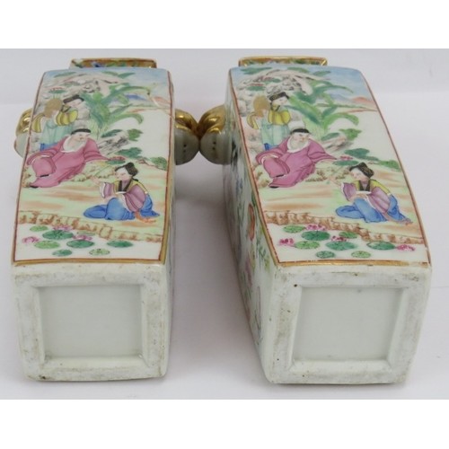 217 - A pair of antique Chinese Famille Rose square vases plus a similar vase with applied dragon decorati... 