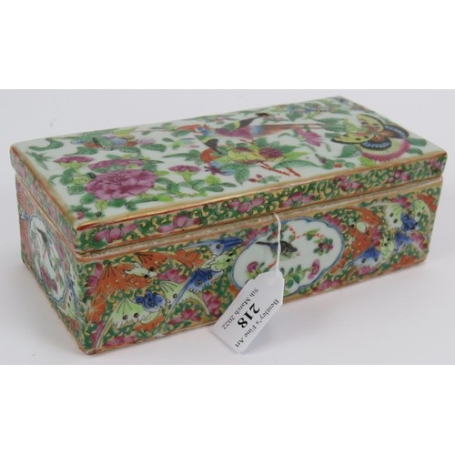 218 - A Chinese porcelain Famille Rose calligrapher's box hand decorated with birds and butterflies. 19cm ... 