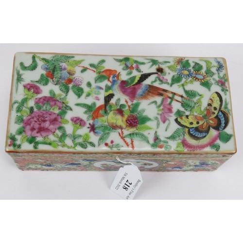 218 - A Chinese porcelain Famille Rose calligrapher's box hand decorated with birds and butterflies. 19cm ... 