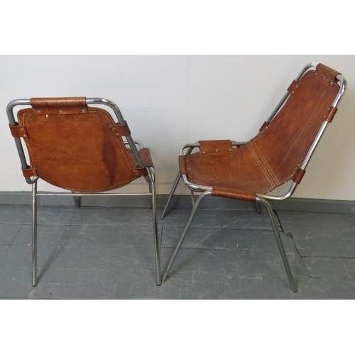 705 - A pair of 1960s ‘Les Arcs’ chairs by Charlotte Perriand, the saddle brown leather hand stitched seat... 